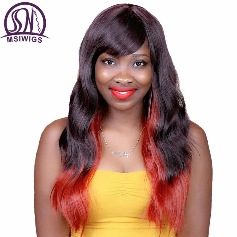 Image MSIWIGS 28 Inches Long Kinky Wavy Mix Color Wigs for Women Natural Synthetic Hair Ombre Cosplay Wig Free Hairnet