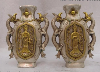 9 China Buddhism white Copper silver Gild Dragon Kwan-yin Guanyin pot vase pair
9 China Buddhism white Copper silver Gild Dragon Kwan-yin Guanyin pot vase pair