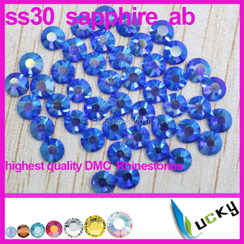 

A+ Quality hot fix rhinestones copy swarov 2038 DMC! 288pcs ss30/6mm Sapphire ab Color strass crystal for iron on transfers