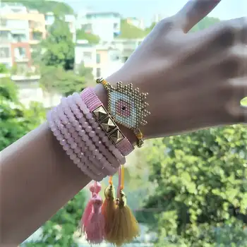 Bracelets for Women Turkish Evil Eye and Pink Crystal Pulsera Tassel Bracelet Bileklik Handmade Gift Gold Rivet Bijoux Jewelry
Bracelets for Women Turkish Evil Eye and Pink Crystal Pulsera Tassel Bracelet Bileklik Handmade Gift Gold Rivet Bijoux Jewelry