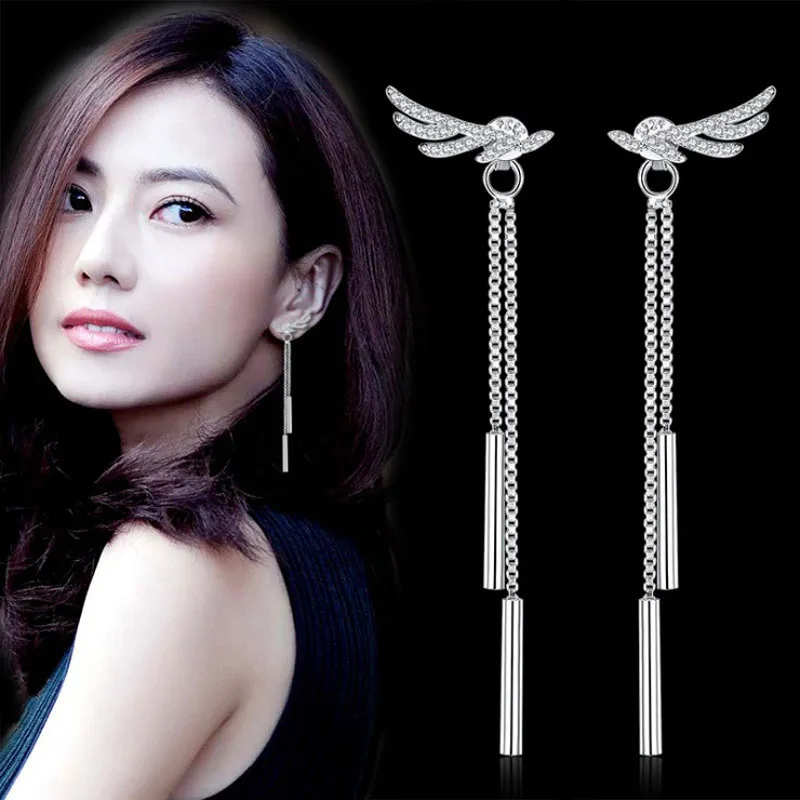 KOFSAC New 925 Silver Stud Earring Exquisite Micro-Inlay CZ Wings Long Tassel Earrings For Women Fine Ear Jewelry Gift Brincos 
KOFSAC New 925 Silver Stud Earring Exquisite Micro-Inlay CZ Wings Long Tassel Earrings For Women Fine Ear Jewelry Gift Brincos