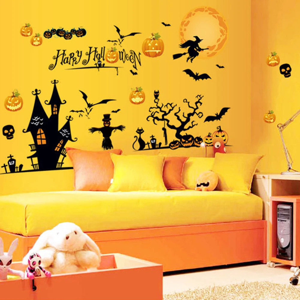 Modern Fantasy Eye-Catching PVC Halloween Wizard Pumpkin Light Wall Stickers for Bedroom Hotel Decoration | Дом и сад