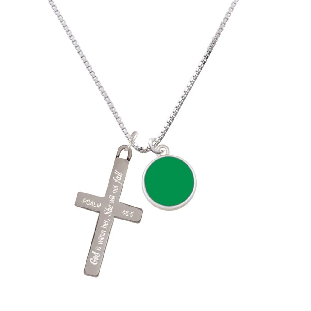 Small Green Enamel Disc - She will not Fall - Cross Necklace