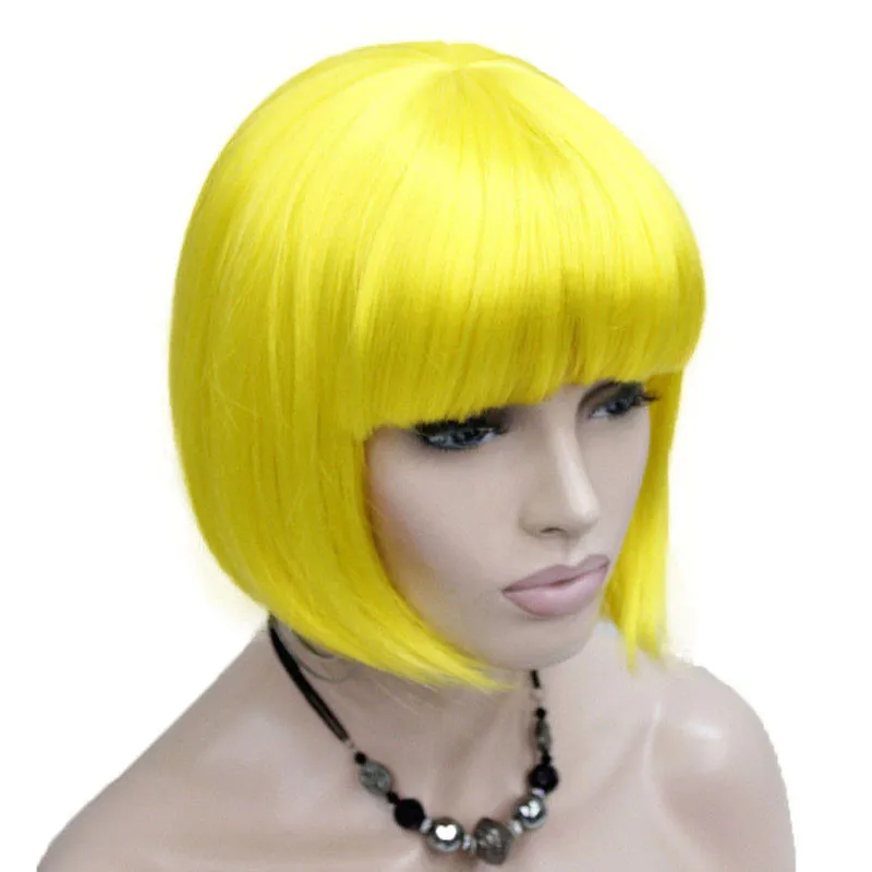 8881 #AB3A Cute yellow straight short synthetic women's party costumes cosplay bob wig (5)_
