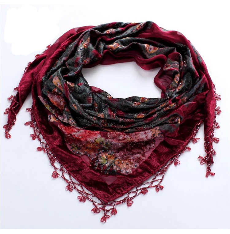 New Burgundy 100% Silk Velvet Scarf Shawl Chinese Women Triangle Pashmina Poncho Handmade Beaded Peacock Cape Mujeres Bufanda
New Burgundy 100% Silk Velvet Scarf Shawl Chinese Women Triangle Pashmina Poncho Handmade Beaded Peacock Cape Mujeres Bufanda
