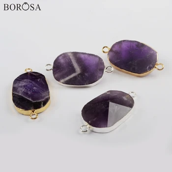 BOROSA Gems Connectors 5PCS Gild Natural Amethysts Faceted Connector New Natural Purple Crystal Quartz Jewelry Findings G1815
