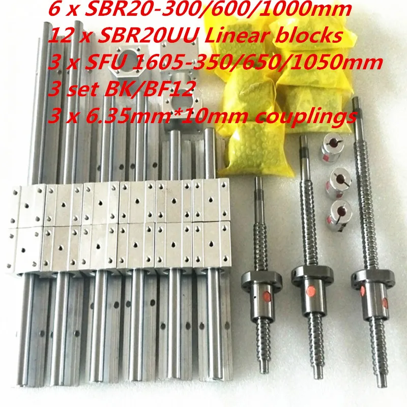 

3set ballscrew RM/SFU1605-350/650/1050+3 set BK/BF12 + 3sets SBR20 Linear Guide rails+3 couplers for CNC Router Milling Machine