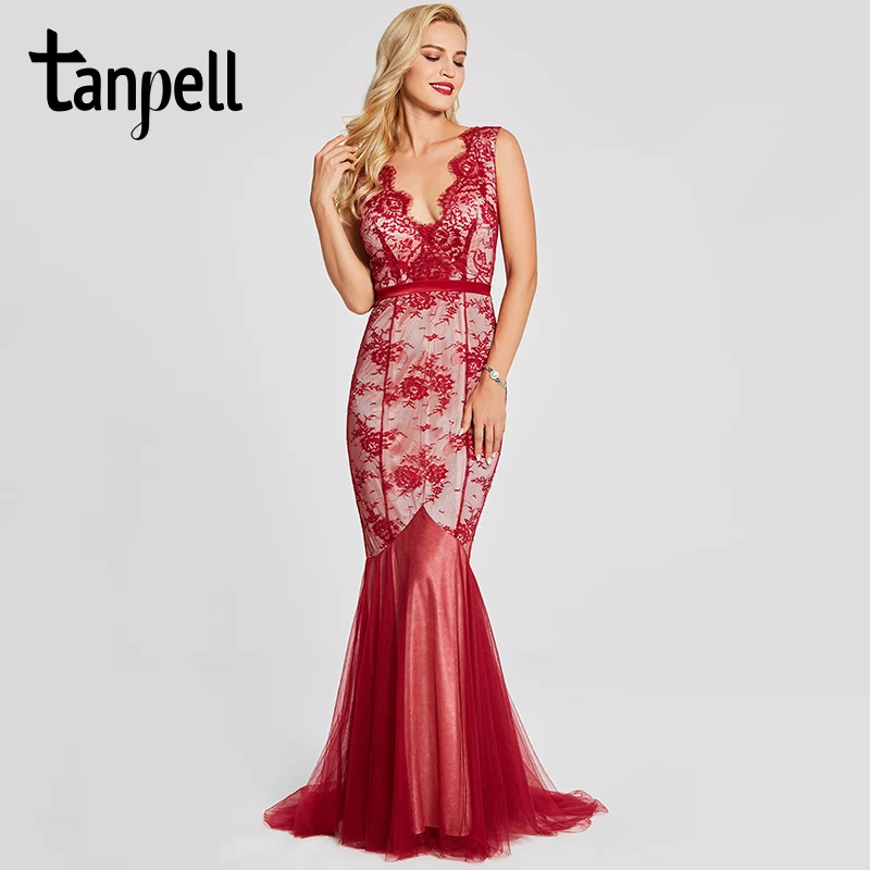 Tanpell lace v neck evening dress burgundy sleeveless floor length sweep train dress women long backless formal evening dresses
Tanpell lace v neck evening dress burgundy sleeveless floor length sweep train dress women long backless formal evening dresses