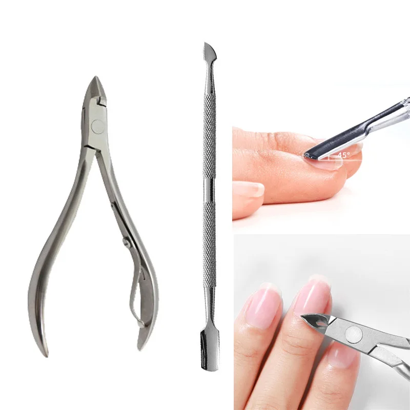 

2 in 1 Stainless Steel Cuticle Pusher & Dead Skin Pliers Professional Manicure Set Nail UV Gel Polish Remove Tool Pedicure Tools