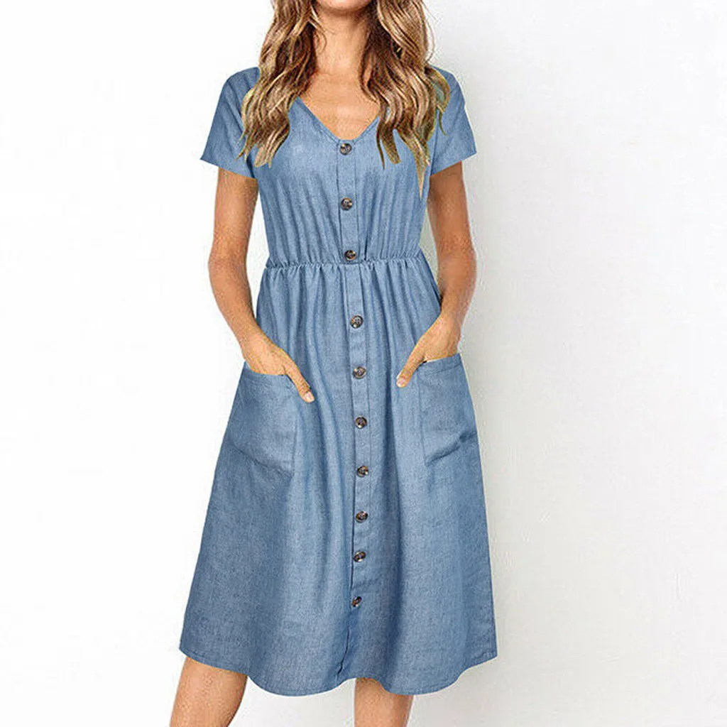 2019 Women Denim Dress With Pocket Summer Button V-neck Solid Color Midi Swing Dress Holiday Beach Dresses Vestidos Muje
2019 Women Denim Dress With Pocket Summer Button V-neck Solid Color Midi Swing Dress Holiday Beach Dresses Vestidos Muje