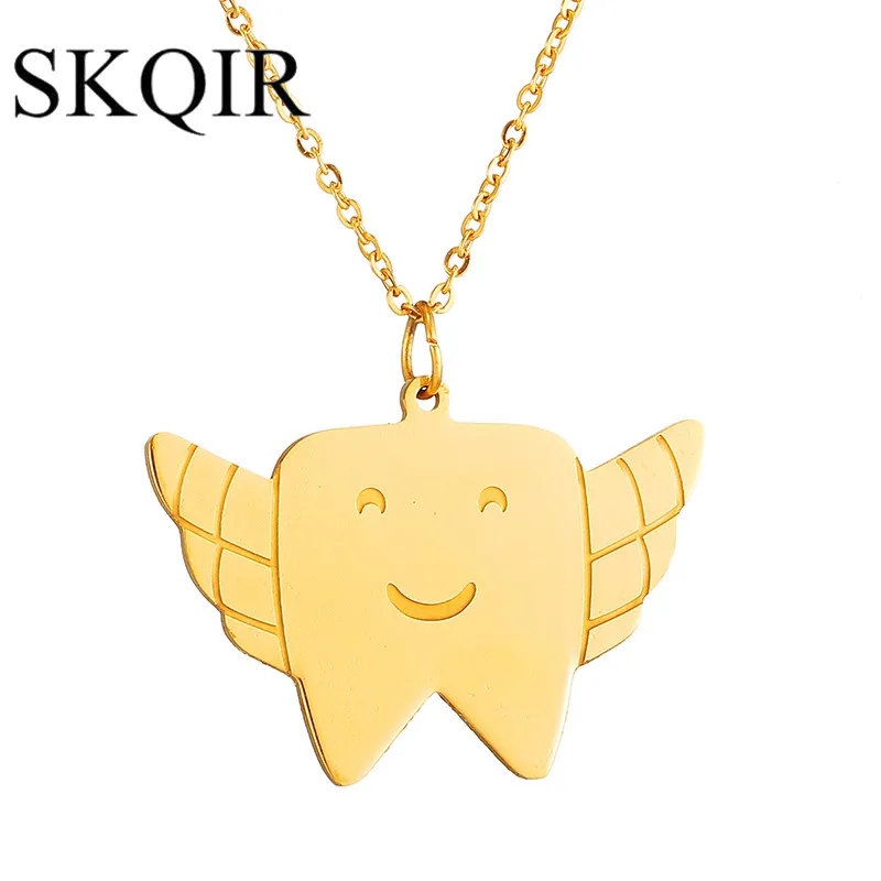 Фото SKQIR ожерелье с золотым углом для девушек модная Медицинская Подвеска зубами