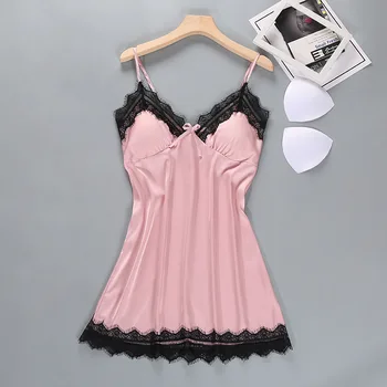 Women Sleep Lounge Sleepwear with Chest Pads Satin Sexy Ladies Nightgown Silk Night Dress Elegant Lace Home Dress Clothes
Women Sleep Lounge Sleepwear with Chest Pads Satin Sexy Ladies Nightgown Silk Night Dress Elegant Lace Home Dress Clothes