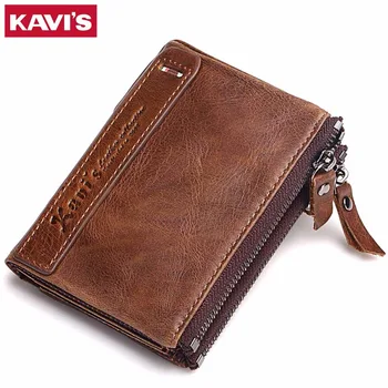 KAVIS 100% Genuine Leather Men Wallet Small Zipper Walet