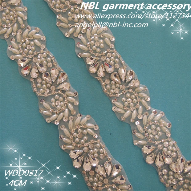 

(10 YARDS) Wholesale sew iron on silver bridal applique beaded crystal rhinestone pearl trim for wedding dress sash belt WDD0317