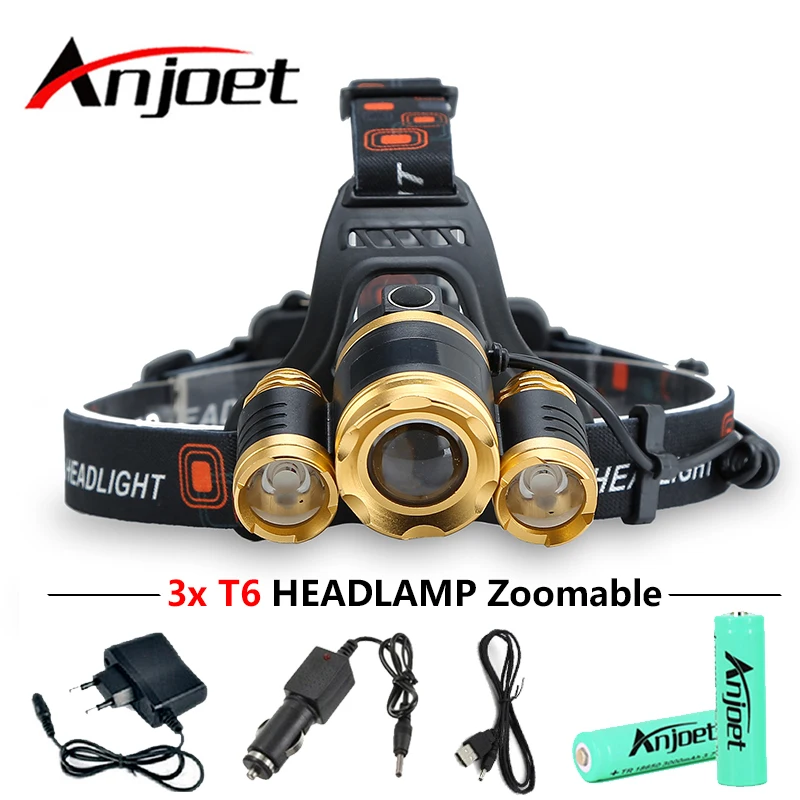 Anjoet 3LED налобный фонарь 10000LM 3T6 светодиодный светильник с чипами перезаряжаемый