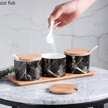 marble Golden grain road ceramics Spice jar 3pcs suit kitchen Creative Bamboo wood cover with tray storage Seasoning salt shaker
marble Golden grain road ceramics Spice jar 3pcs suit kitchen Creative Bamboo wood cover with tray storage Seasoning salt shaker