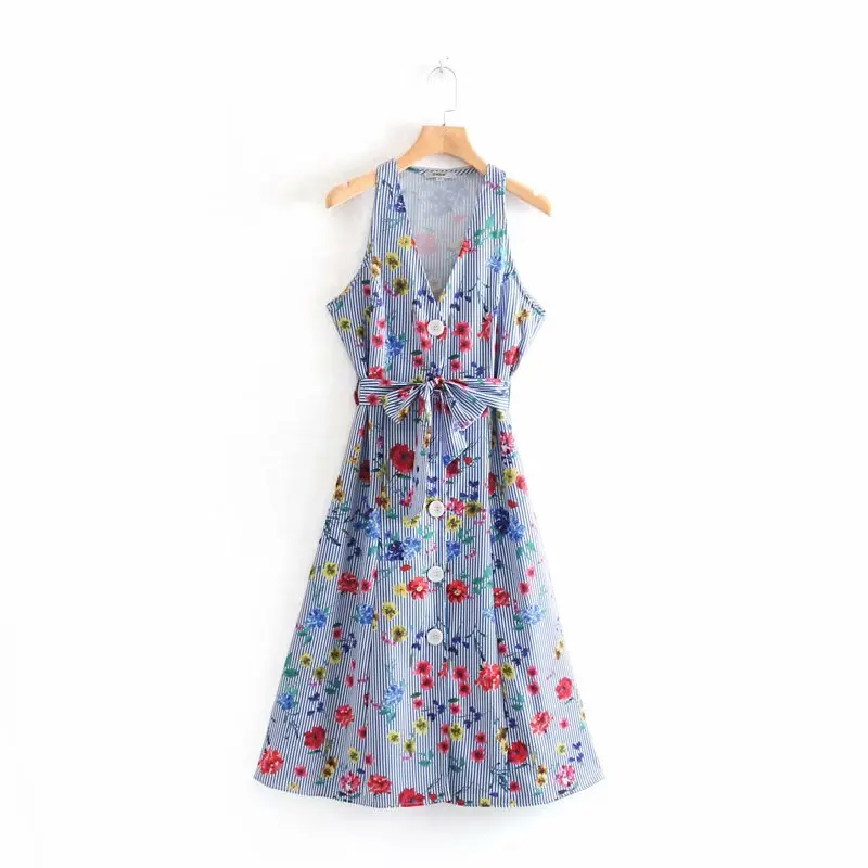 2019 women fashion v neck sleeveless flower print stripe dress ladies bow sashes vestidos chic casual slim summer dresses DS2264
2019 women fashion v neck sleeveless flower print stripe dress ladies bow sashes vestidos chic casual slim summer dresses DS2264