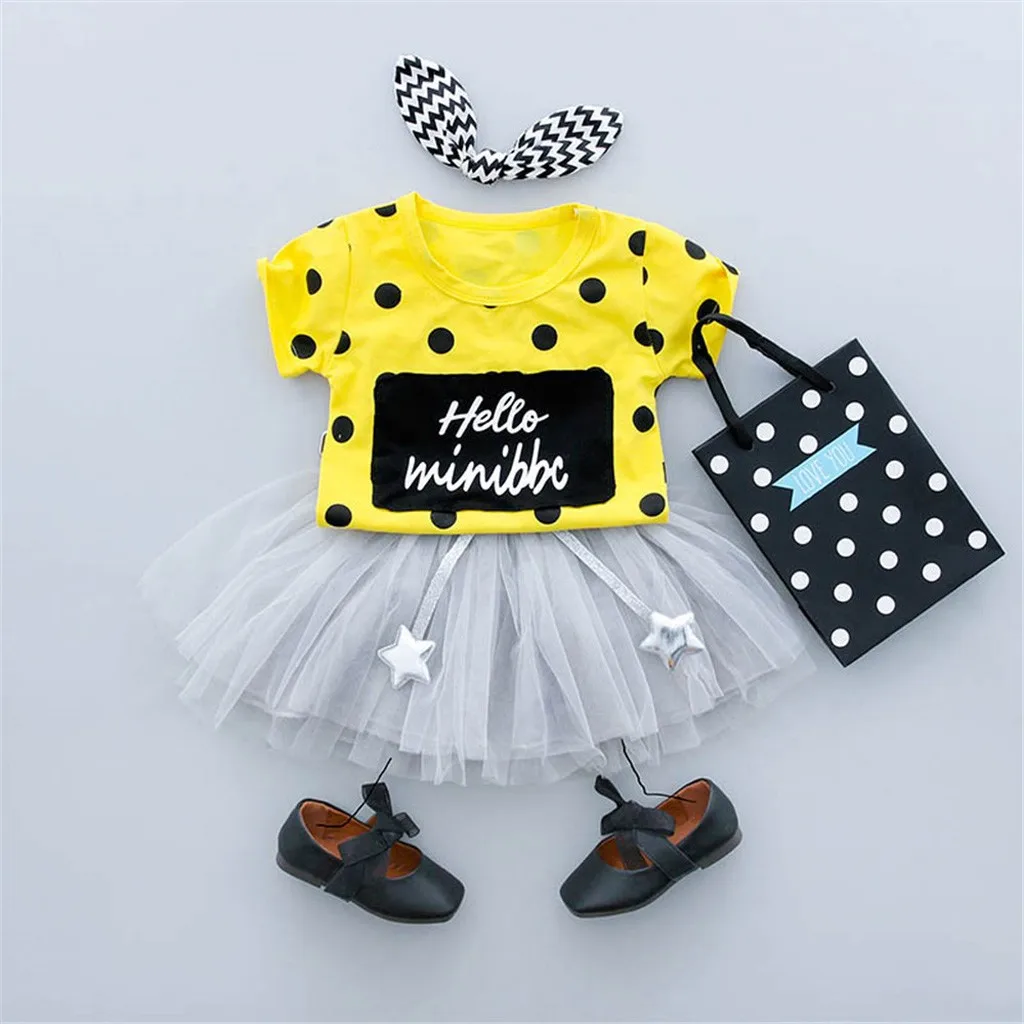 Cute comfy Kid Girl Dot Clothes Set Fashion Letter Short Sleeve Tops Tulle Tutu Skirt Outfits Set roupas infantis menina
Cute comfy Kid Girl Dot Clothes Set Fashion Letter Short Sleeve Tops Tulle Tutu Skirt Outfits Set roupas infantis menina