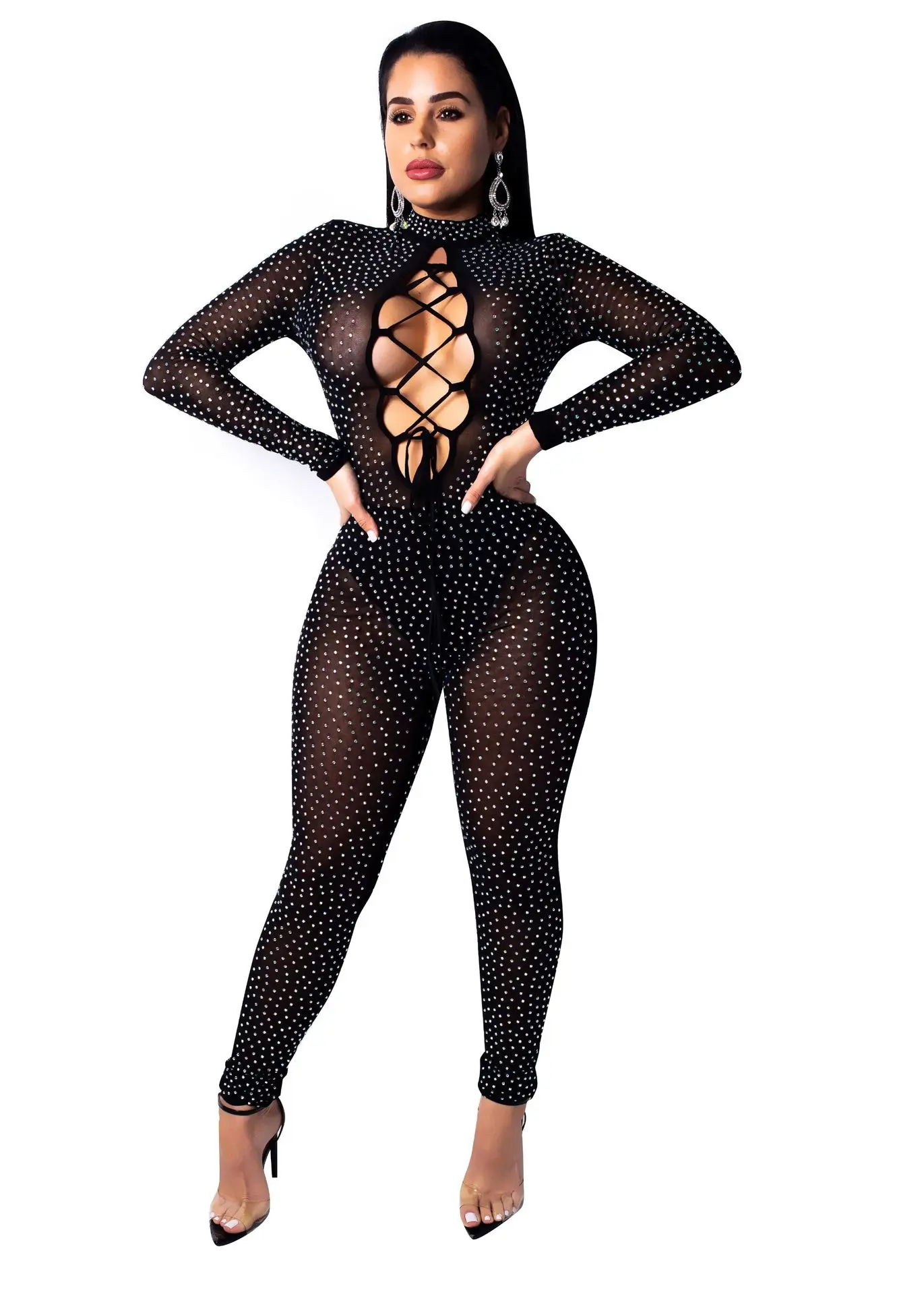 Sparkly Rhinestones Sexy Party Jumpsuit Women Mesh See Through Bodycon Overall Sexy Hollow Out Lace-up Romper JH 075
Sparkly Rhinestones Sexy Party Jumpsuit Women Mesh See Through Bodycon Overall Sexy Hollow Out Lace-up Romper JH 075