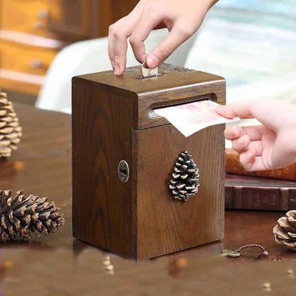 Piggy bank adult coin banknote piggy solid wood with lock children creative anti-fall oversized gifts | Дом и сад