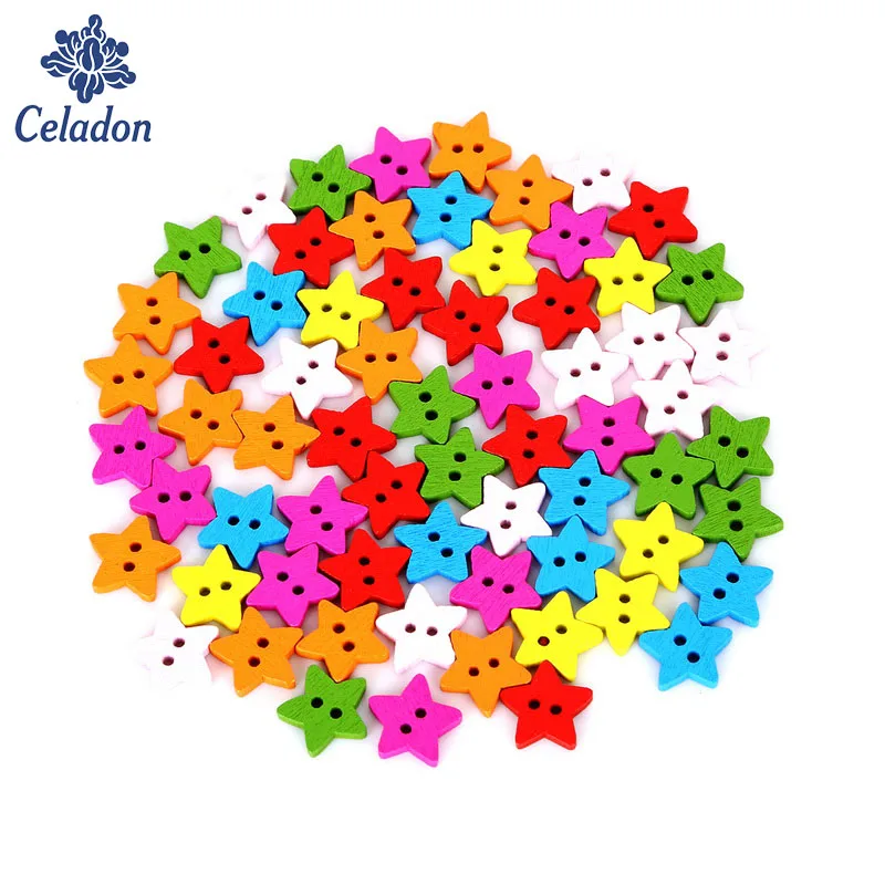 

100pcs 15mm Mixed Star 2 Holes Wooden Buttons Sewing Craft Scrapbooking DIY For Wedding Decor