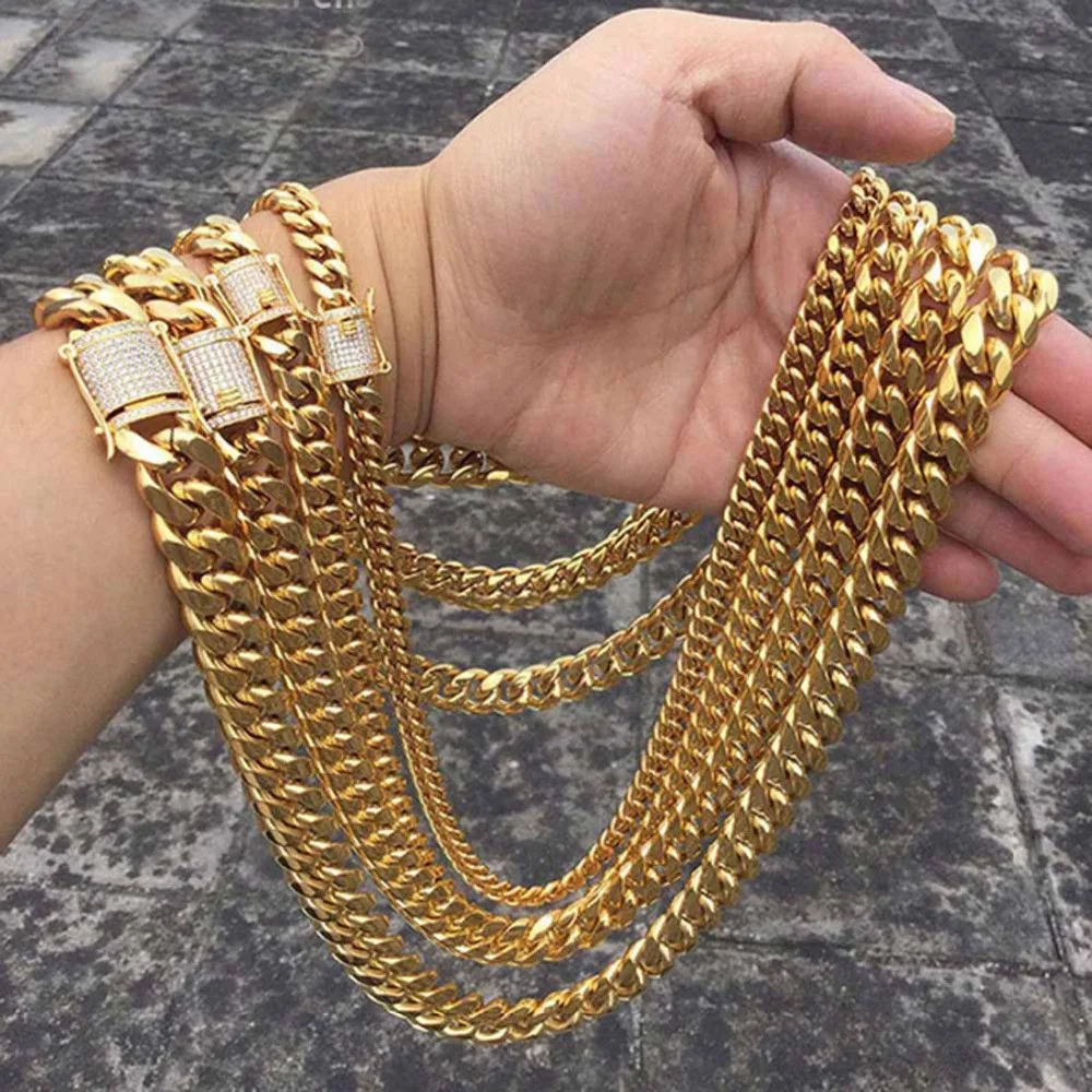 Hip hop 8-18mm Mens Womens Jewelry Gold Cuban Curb Miami Chain Necklace Or Bracelet Stainless steel Rhinestone Clasp Xmas Gift
Hip hop 8-18mm Mens Womens Jewelry Gold Cuban Curb Miami Chain Necklace Or Bracelet Stainless steel Rhinestone Clasp Xmas Gift