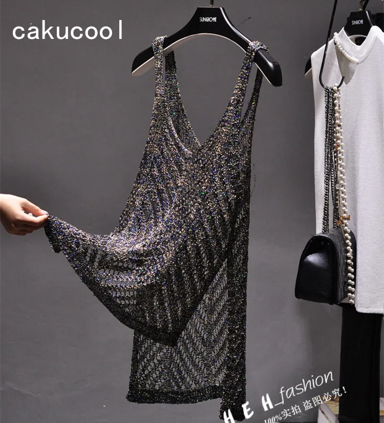 

Cakucool Hollow Out Knit Tanks Summer Women Tops Beading Shiny Deep V-neck Holes Camis Bohemian Slit Blue Gold Camisole Female