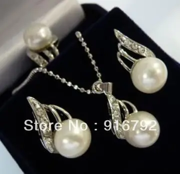 

Бесплатная доставка очаровательный белый жемчуг кулон ожерелье серьги кольцо набор
