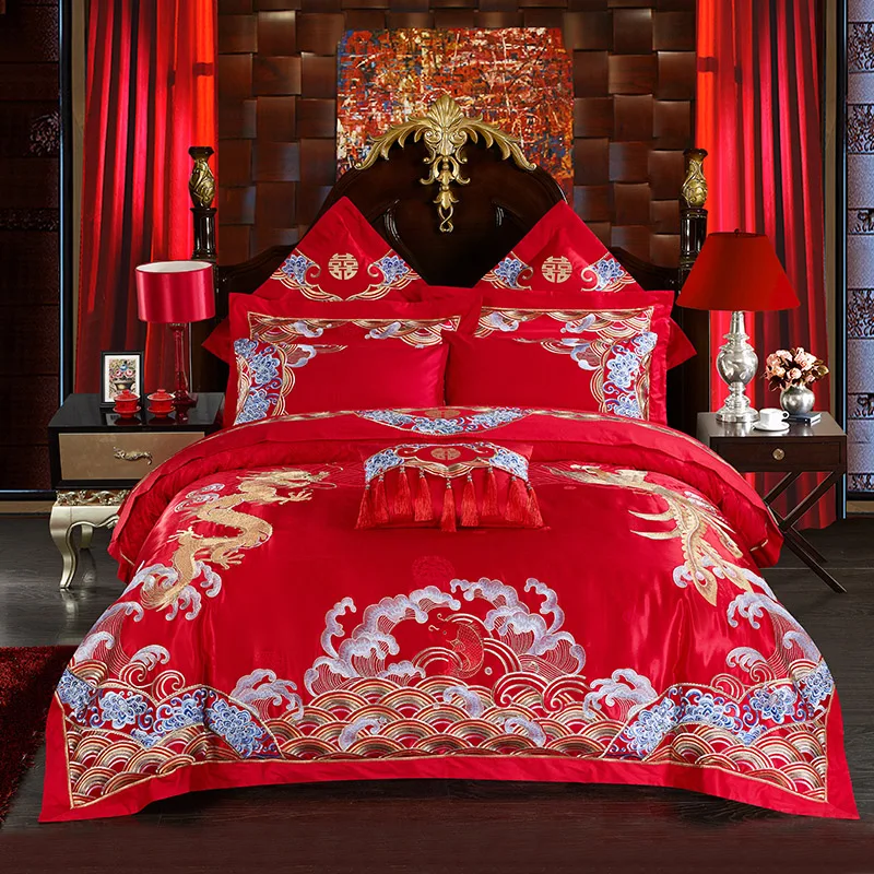 Red Tribute Silk Dragon Embroidery Cotton+Silk Bedding Set Luxury Satin Duvet Cover King Queen Size Bedclothes Bed Linen
Red Tribute Silk Dragon Embroidery Cotton+Silk Bedding Set Luxury Satin Duvet Cover King Queen Size Bedclothes Bed Linen