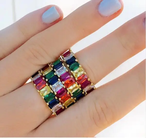 Accking Rainbow square baguette Zircon engagement ring for women colorful eternity band ring
Accking Rainbow square baguette Zircon engagement ring for women colorful eternity band ring