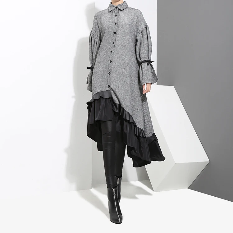 2020 Autumn Winter Women Plus Size Gray Shirt Dress Midi Long Sleeve Patchwork Thick Warm Ruffled Elegant Party Dress Style 3073 2020 Autumn Winter Women Plus Size Gray Shirt Dress Midi Long Sleeve Patchwork Thick Warm Ruffled Elegant Party Dress Style 3073