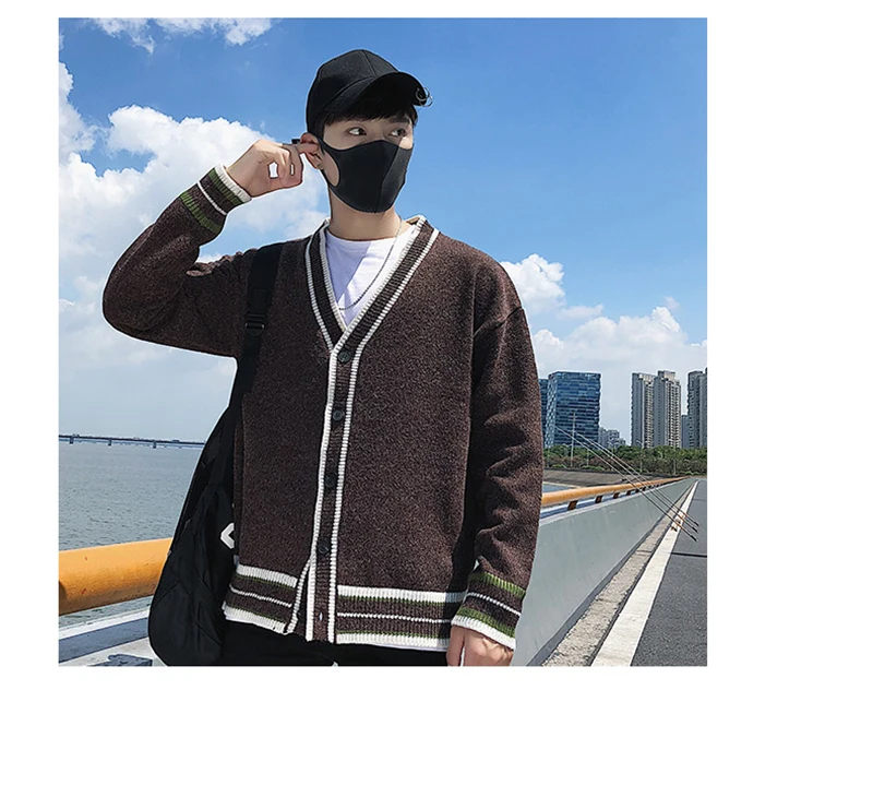 Check Button Cardigan Male Oversize Loose Streetwear (25)