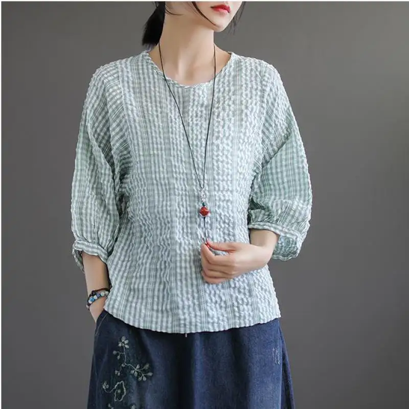 Johnature Casual 2019 New Summer Clothes Three Quarter Sleeve Plaid O-neck Tops Batwing Sleeve Loose Shirts Women Blouses
Johnature Casual 2019 New Summer Clothes Three Quarter Sleeve Plaid O-neck Tops Batwing Sleeve Loose Shirts Women Blouses