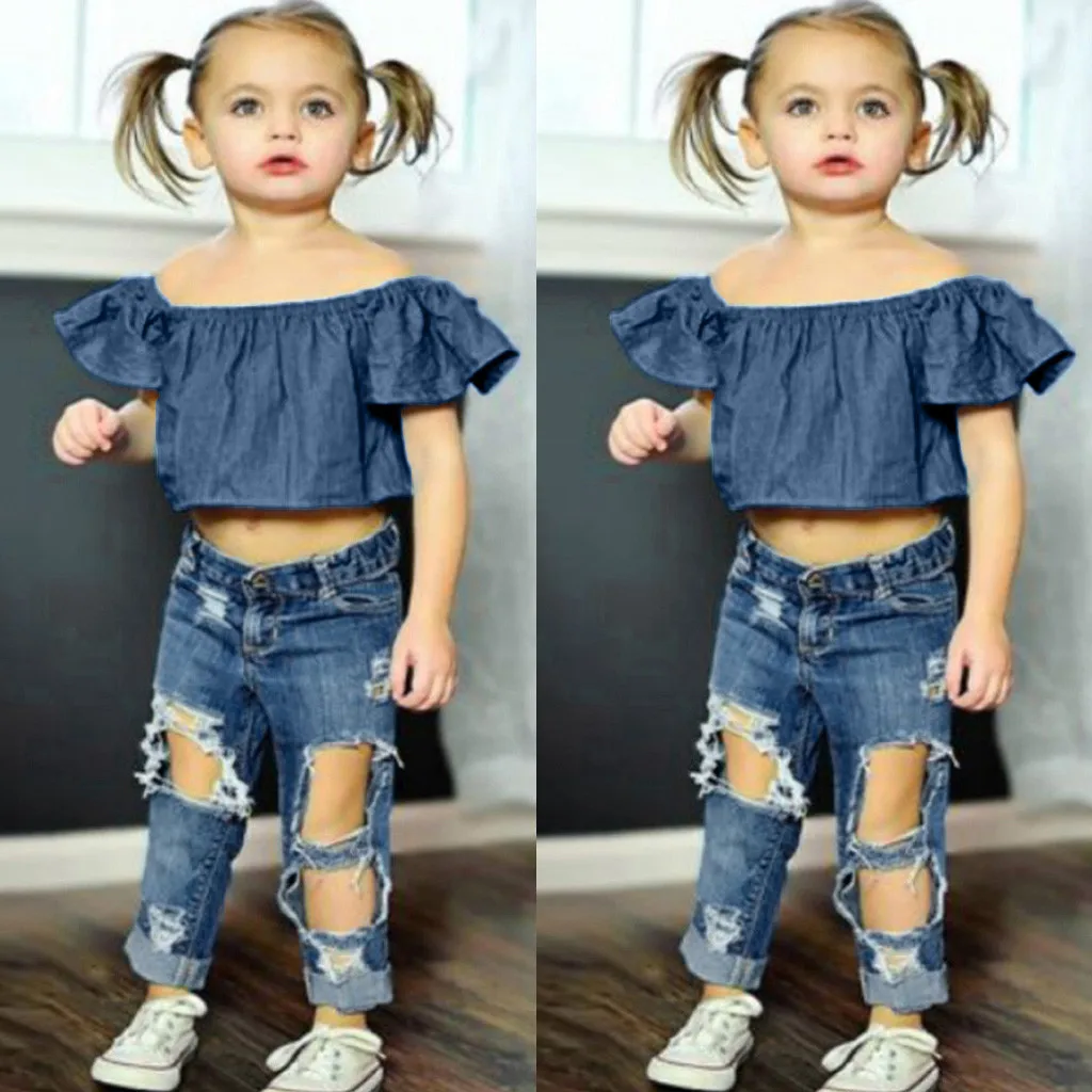 2019 Children Summer Clothes For Baby Girls Toddler Baby Girls Off Shoulder Solid Tops+Hole Denim Jean Pants Outfits Sets#25
2019 Children Summer Clothes For Baby Girls Toddler Baby Girls Off Shoulder Solid Tops+Hole Denim Jean Pants Outfits Sets#25