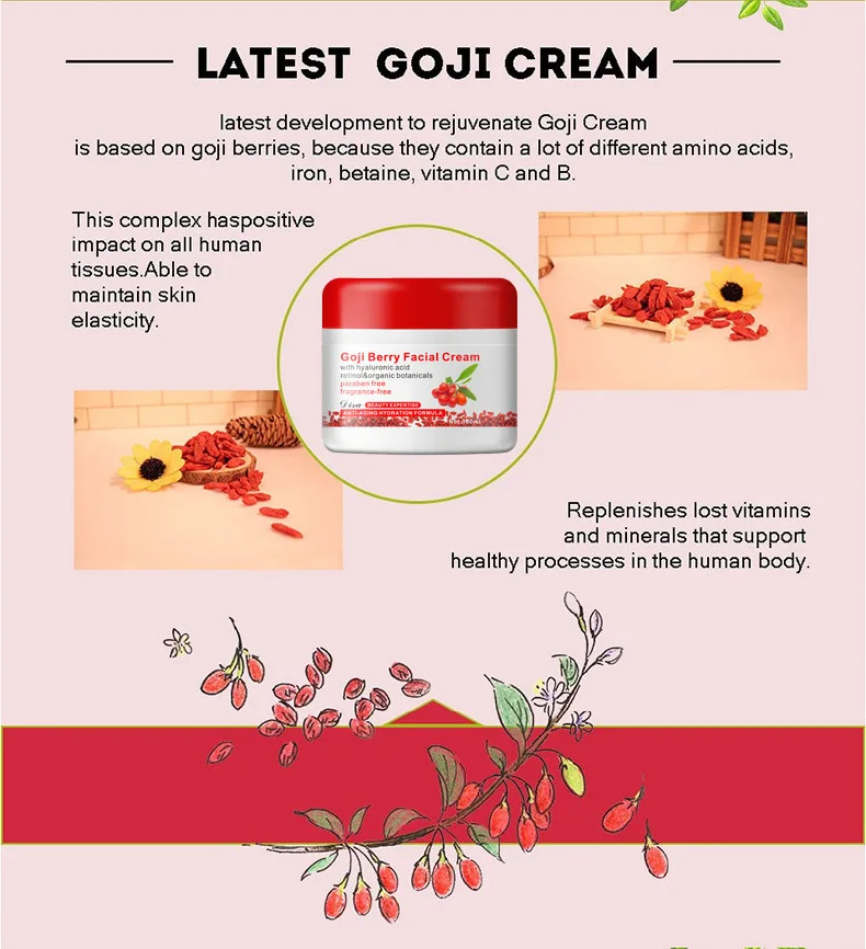 100ML Goji Facial Cream With Hyaluronic Acid Paraben Free Fragrance Free Face Cream Anti-aging Anti Wrinkle Remove Spots 24