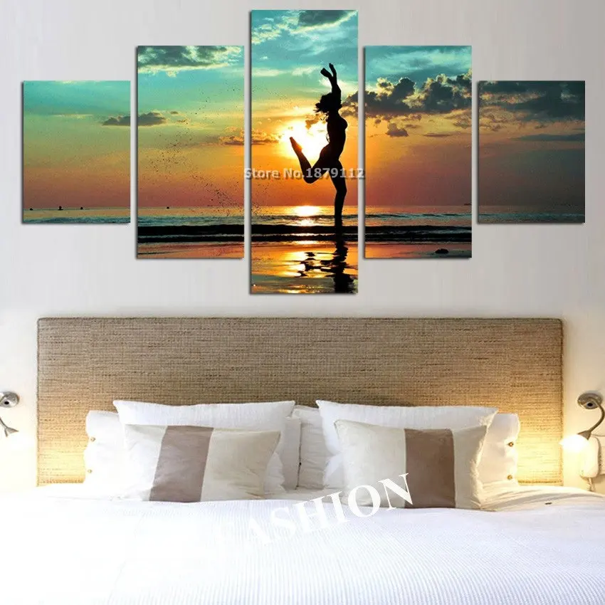 5 панелей настенное искусство пляж Йога море фотообои Абстрактная Картина