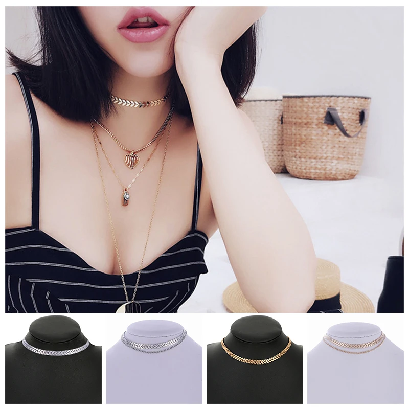 

Bohemian Sequins Fish Bone Necklace Simple Single/Double Layer Chokers Women Jewelry Triangle Chain Arrows Minimalist