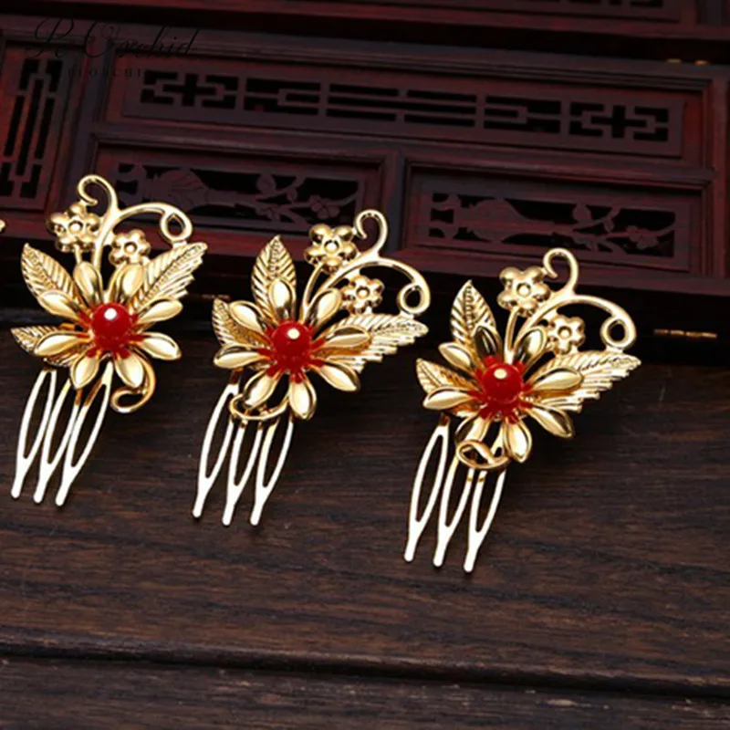 PEORCHID Cheap Gold Chinese Bridal Hair Comb Flower Butterfly Accessories Bride Jewelry Headpiece Wedding Hairpins 6 PCS | Украшения и