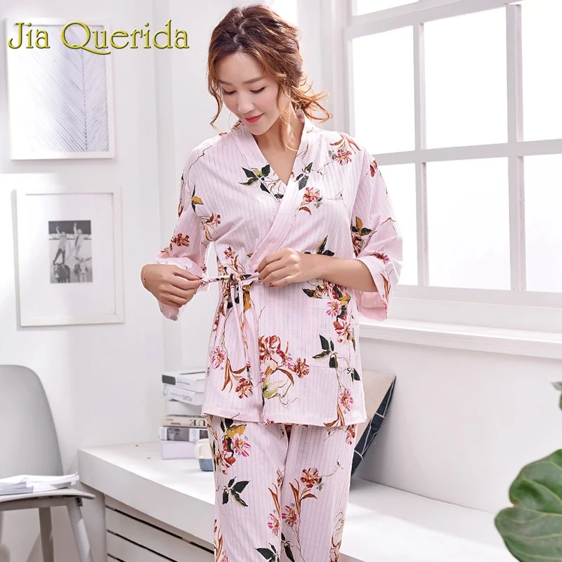 J&Q Pyjamas Women 2019 Spring New 100% Cotton Floral Belted Kimono Style 2 Pcs Home Suit Plus Size Pajamas 3/4 Sleeve Pj Set
J&Q Pyjamas Women 2019 Spring New 100% Cotton Floral Belted Kimono Style 2 Pcs Home Suit Plus Size Pajamas 3/4 Sleeve Pj Set