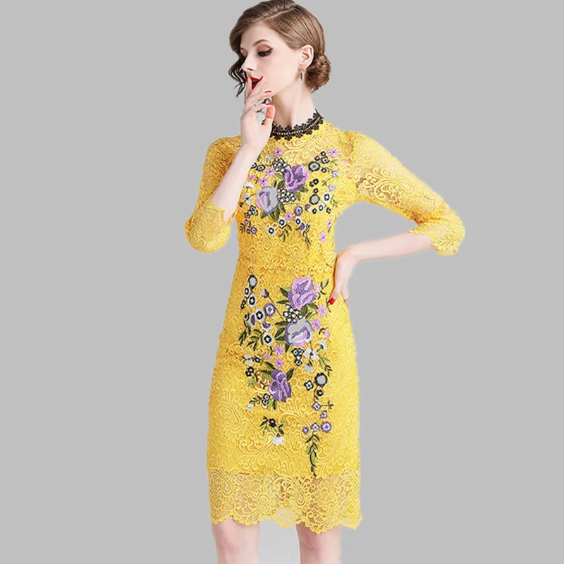 High Quality 2019 Summer Sheath Lace Dress Vintage Women Floral Embroidery Yellow Bodycon Party Dress Pencil Hollow Out Dress
High Quality 2019 Summer Sheath Lace Dress Vintage Women Floral Embroidery Yellow Bodycon Party Dress Pencil Hollow Out Dress