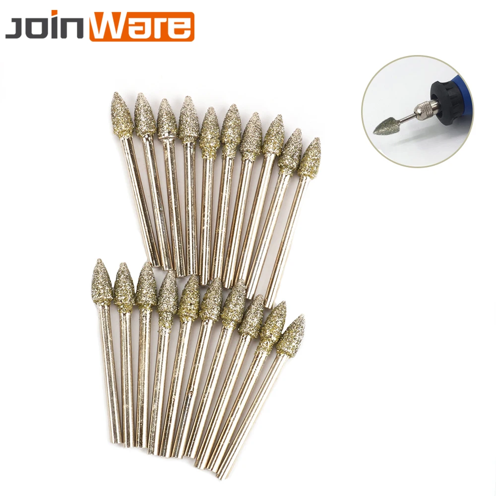 20Pcs Cylindrical Diamond Grinding Head For Drill Rotary Tool Abrasive Shank 3mm