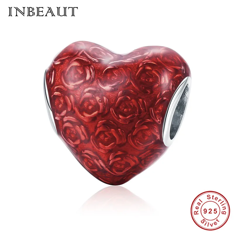 INBEAUT 100% 925 пробы Серебряная роза резное красное сердце очарование новая
