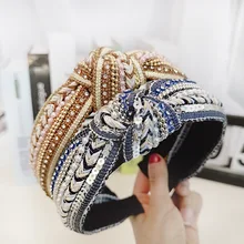Weave קריסטל פרל קשר סרטי ראש לנשים Bow Hairbands בוהמיה שיער אביזרי פרח שיער להקות לנשים ראש לעטוף(China)