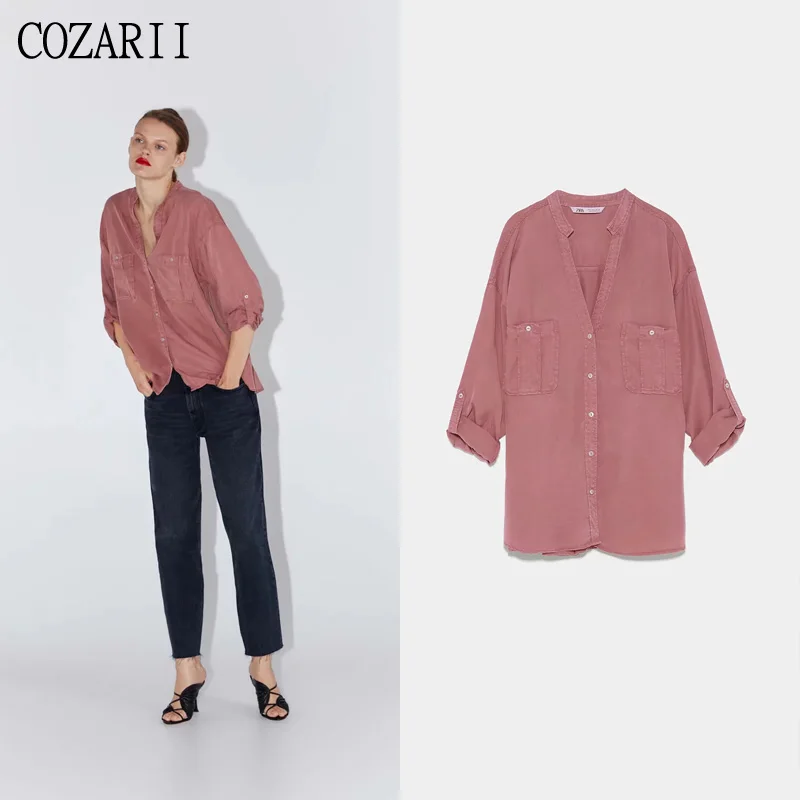 COZARII women summer loose solid shirts V-Neck collar pockets full sleeve blouse casual style fashion tops blusas
COZARII women summer loose solid shirts V-Neck collar pockets full sleeve blouse casual style fashion tops blusas