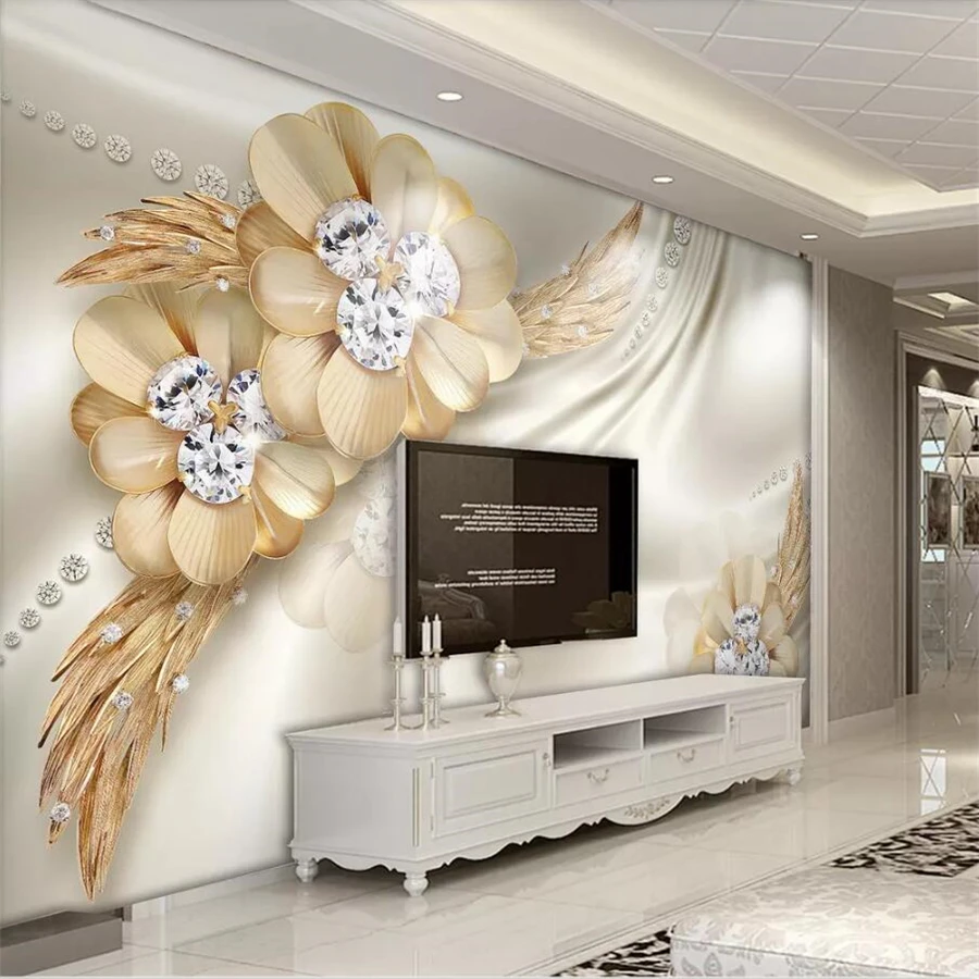 

wellyu Custom wallpaper 3D murals gold luxury diamond flower jewelry living room wall papers home decor mural 3d papel de parede
