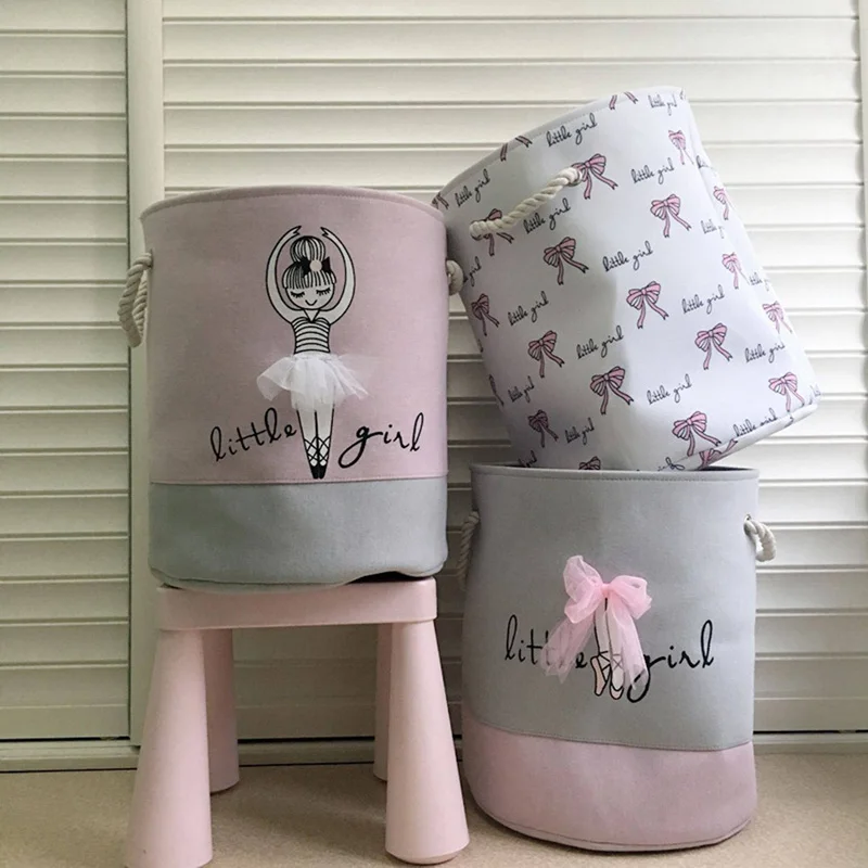 

35*40cm Pink Laundry Basket for Dirty Clothes Cotton Ballet Girl Bow Print Toys Organizer Home Storage & Organization