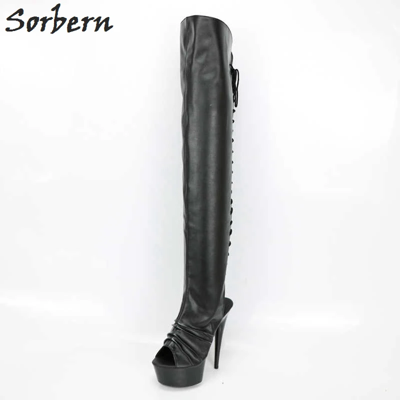 Sorbern Fashion Over The Knee Boots For Women Open Toe Lace Up Back Custom Leg White Boots Opening Of The Boot Women Wide Fit