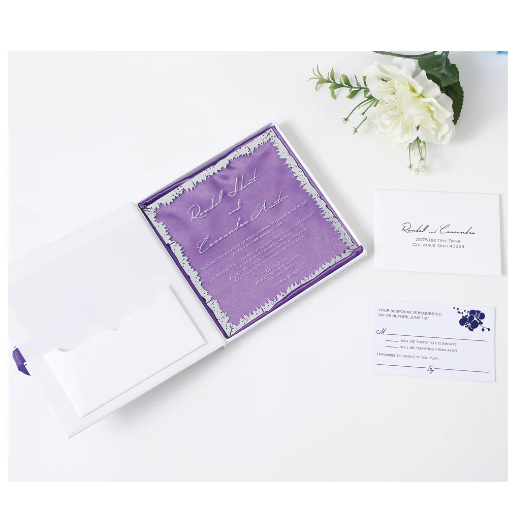 50 - Personalized foiled Acrylic Wedding Invitation Cards For Party/wedding invitations with foiled purple boxes
50 - Personalized foiled Acrylic Wedding Invitation Cards For Party/wedding invitations with foiled purple boxes