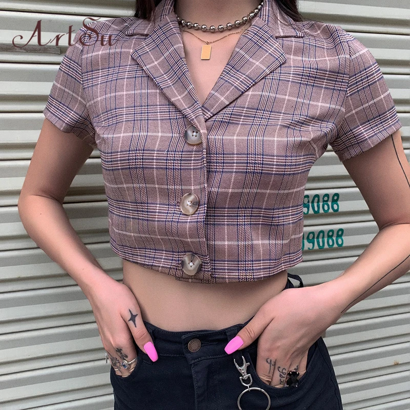 ArtSu Summer Tops Vintage Tshirt Plaid Short Sleeve Crop Top t-shirt femme Tee Shirt Streetwear Fashion Graphic Tees ASTS21099
ArtSu Summer Tops Vintage Tshirt Plaid Short Sleeve Crop Top t-shirt femme Tee Shirt Streetwear Fashion Graphic Tees ASTS21099