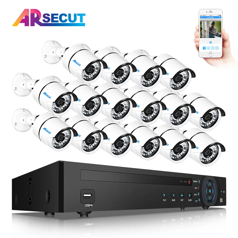 

ARSECUT 16CH 1080P POE NVR Security Kit IP Waterproof Cameras Bullet Outdoor HD Video Surveillance Camera System Kit 6TB HDD